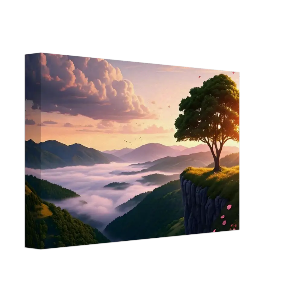 Mountain landscape canvas art depicting a serene sunrise on a cliff for home decor