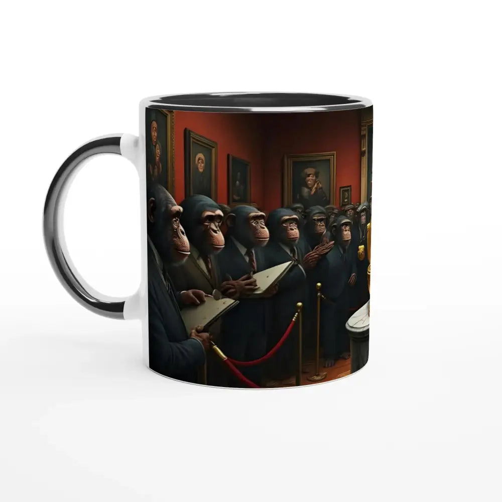 Two-tone mug featuring a chimpanzee art gallery scene for The Golden Throne 11oz Color Mug