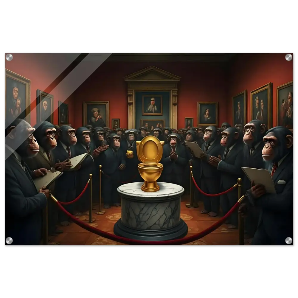 Golden toilet on display at PixiOnyx The Golden Throne acrylic print showroom