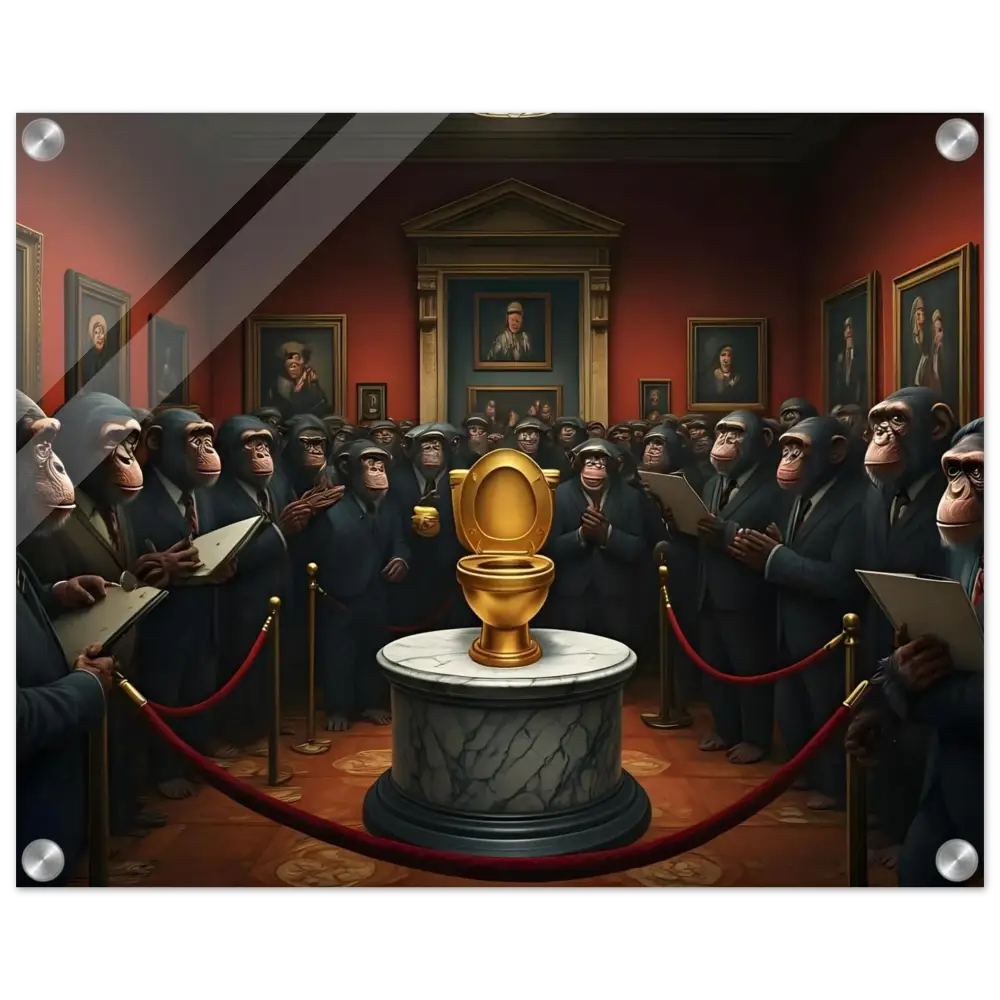 Golden Toilet on display in The Golden Throne Acrylic Print by PixiOnyx Crystal-Clear Comedy Classic