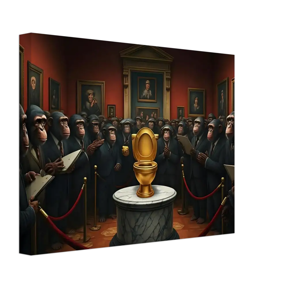 Golden toilet displayed on the Golden Throne Canvas at PixiOnyx Absurdist Museum Wrap