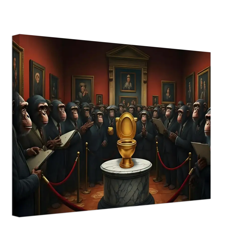 Golden toilet displayed in The Golden Throne Canvas by PixiOnyx Absurdist Museum Wrap