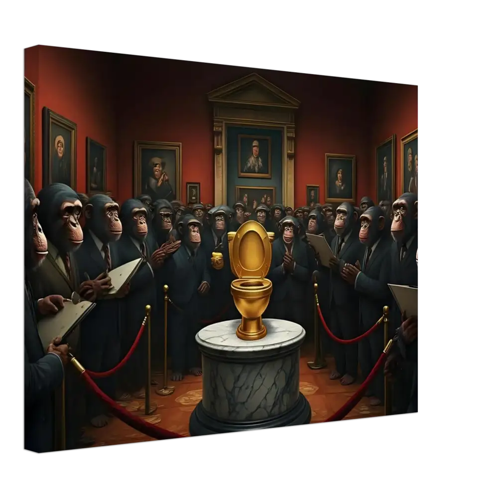 Golden toilet displayed on the product canvas titled The Golden Throne PixiOnyx Absurdist Museum Wrap