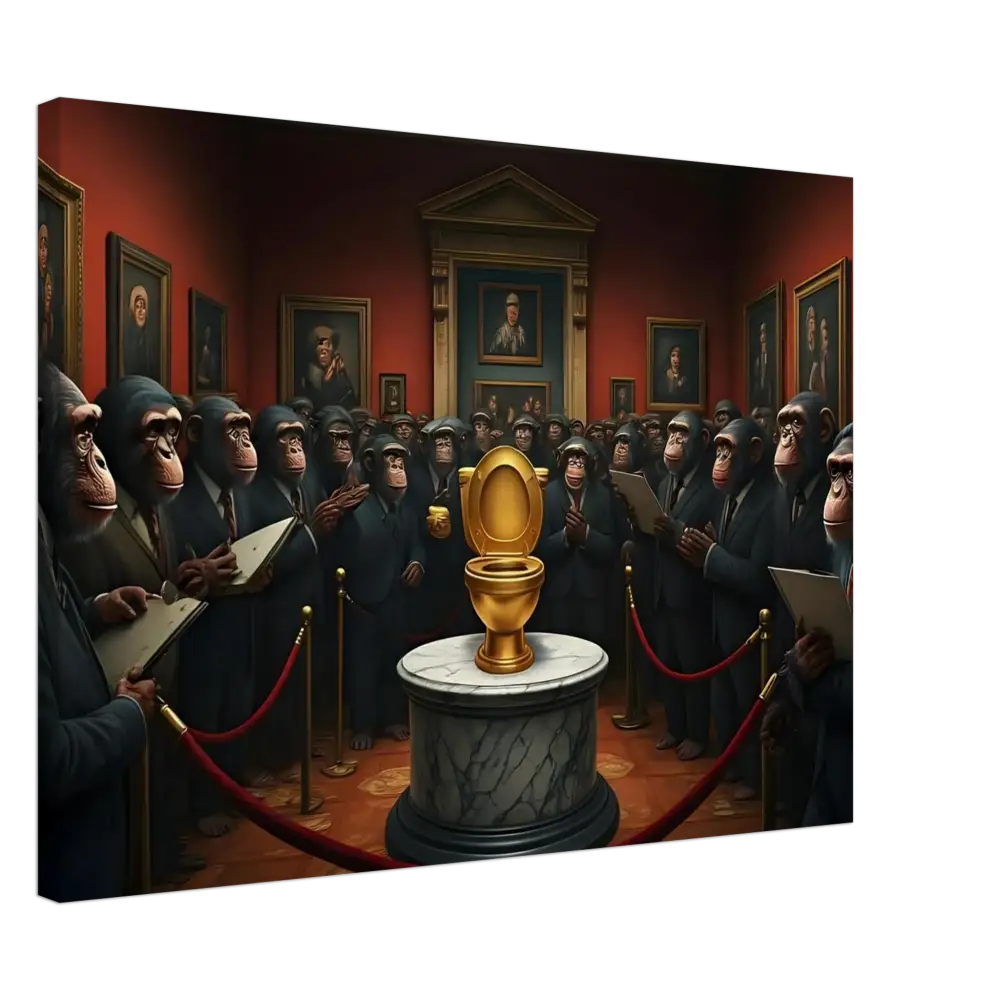 Golden toilet displayed on The Golden Throne Canvas by PixiOnyx Absurdist Museum Wrap
