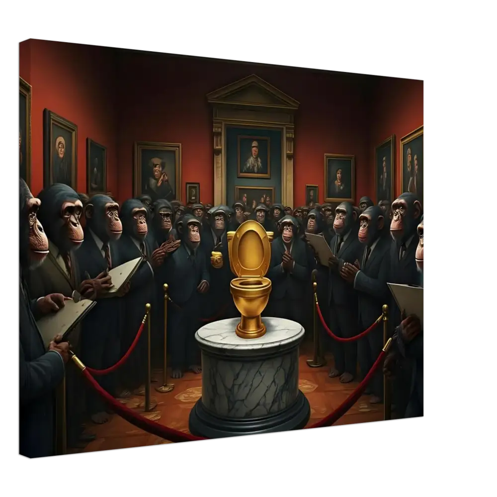 Golden toilet displayed on The Golden Throne Canvas by PixiOnyx Absurdist Museum Wrap
