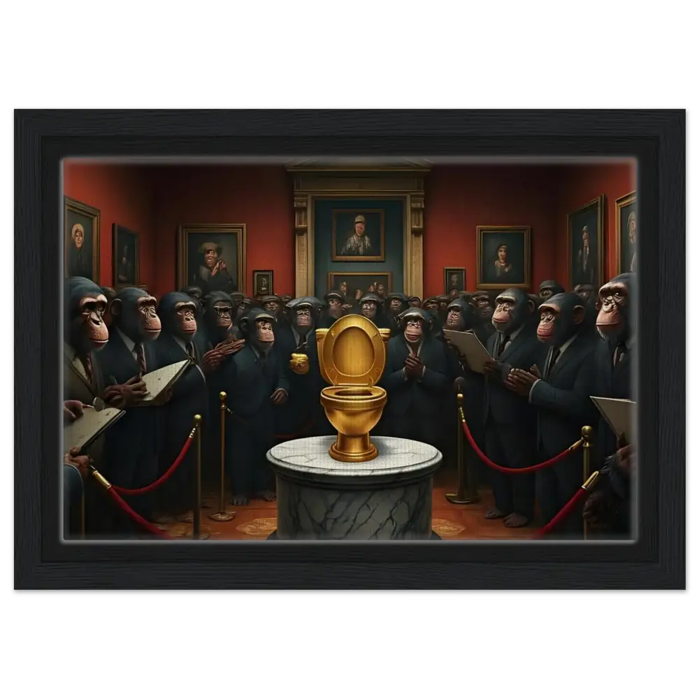 Golden toilet displayed on Framed Canvas The Golden Throne PixiOnyx Deluxe Satire Edition
