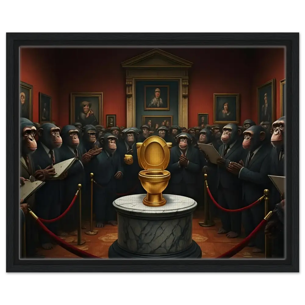 Golden toilet on display in The Golden Throne Framed Canvas PixiOnyx Deluxe Satire Edition
