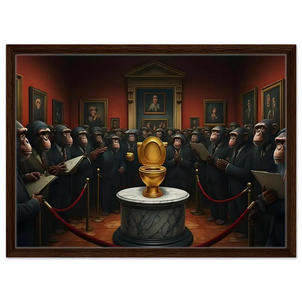 Golden toilet displayed on a framed canvas titled The Golden Throne PixiOnyx Deluxe Satire Edition
