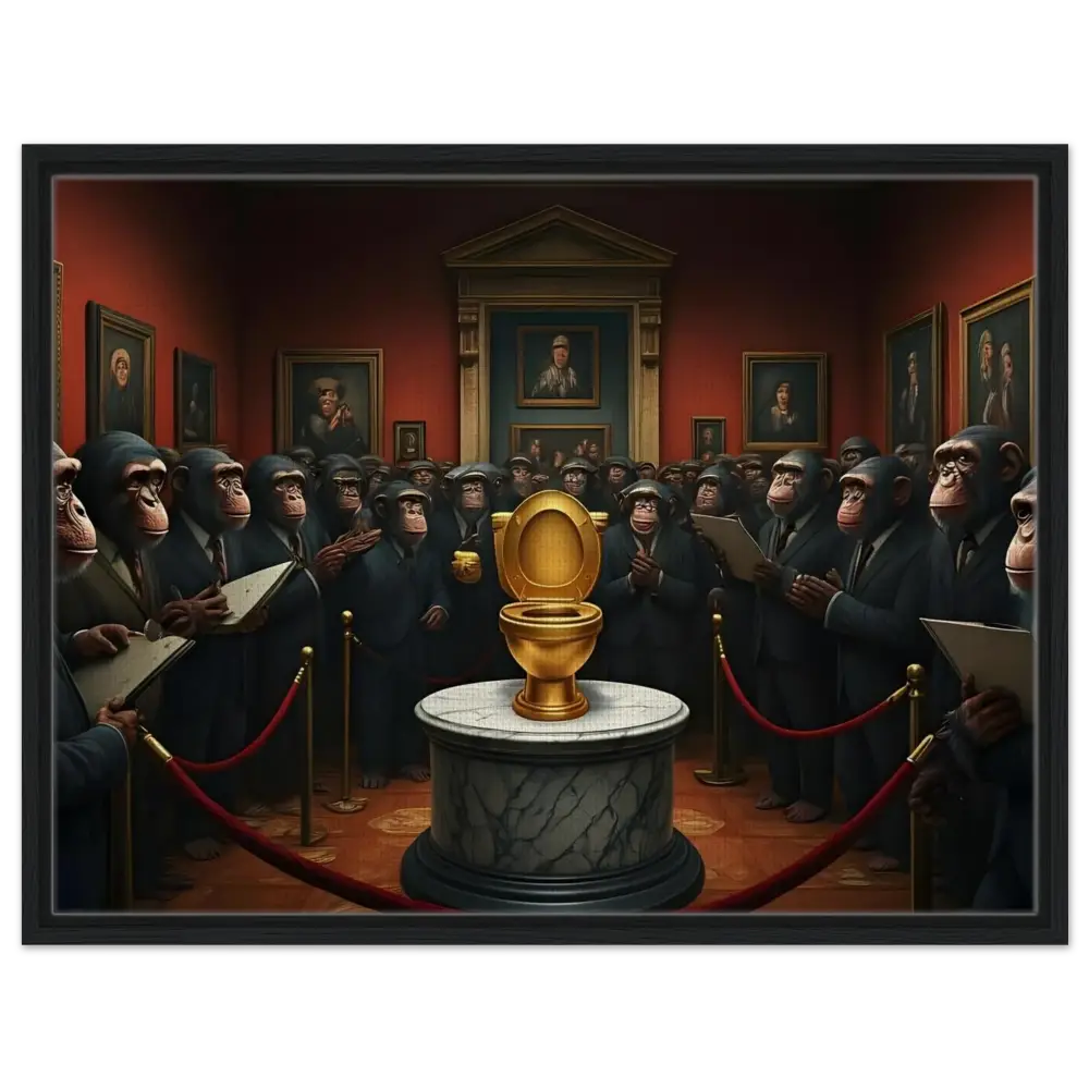 Golden Toilet displayed on The Golden Throne – Framed Canvas PixiOnyx Deluxe Satire Edition
