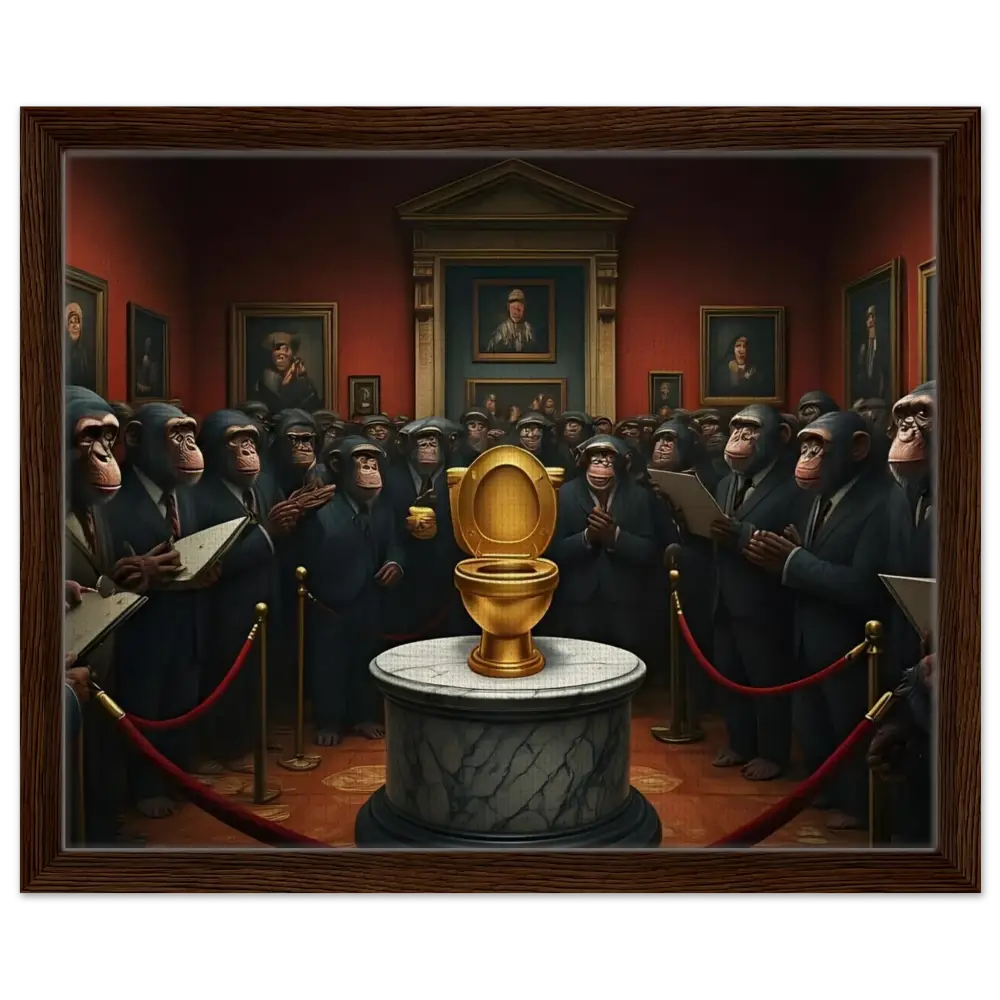 Golden toilet depicted on the Golden Throne Framed Canvas by PixiOnyx Deluxe Satire Edition
