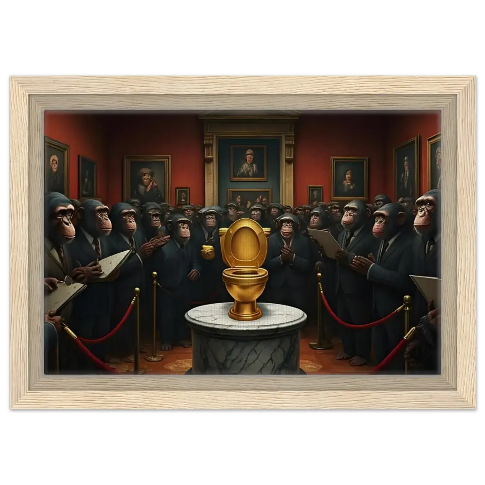 Golden toilet displayed on the Framed Canvas The Golden Throne PixiOnyx Deluxe Satire Edition