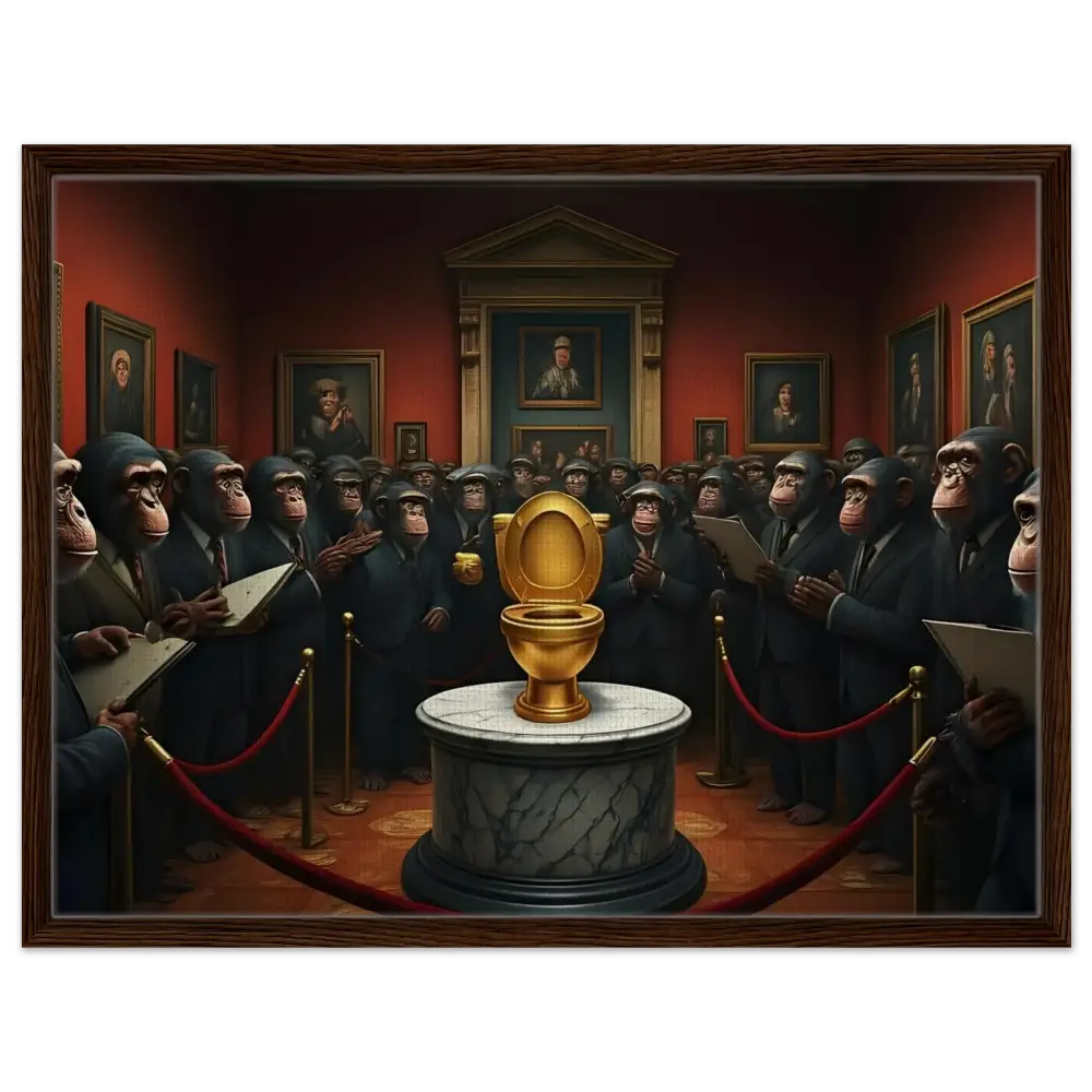 Golden toilet displayed on The Golden Throne Framed Canvas PixiOnyx Deluxe Satire Edition