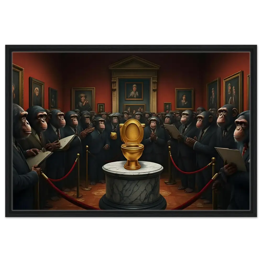 Golden toilet displayed on The Golden Throne Framed Canvas PixiOnyx Deluxe Satire Edition