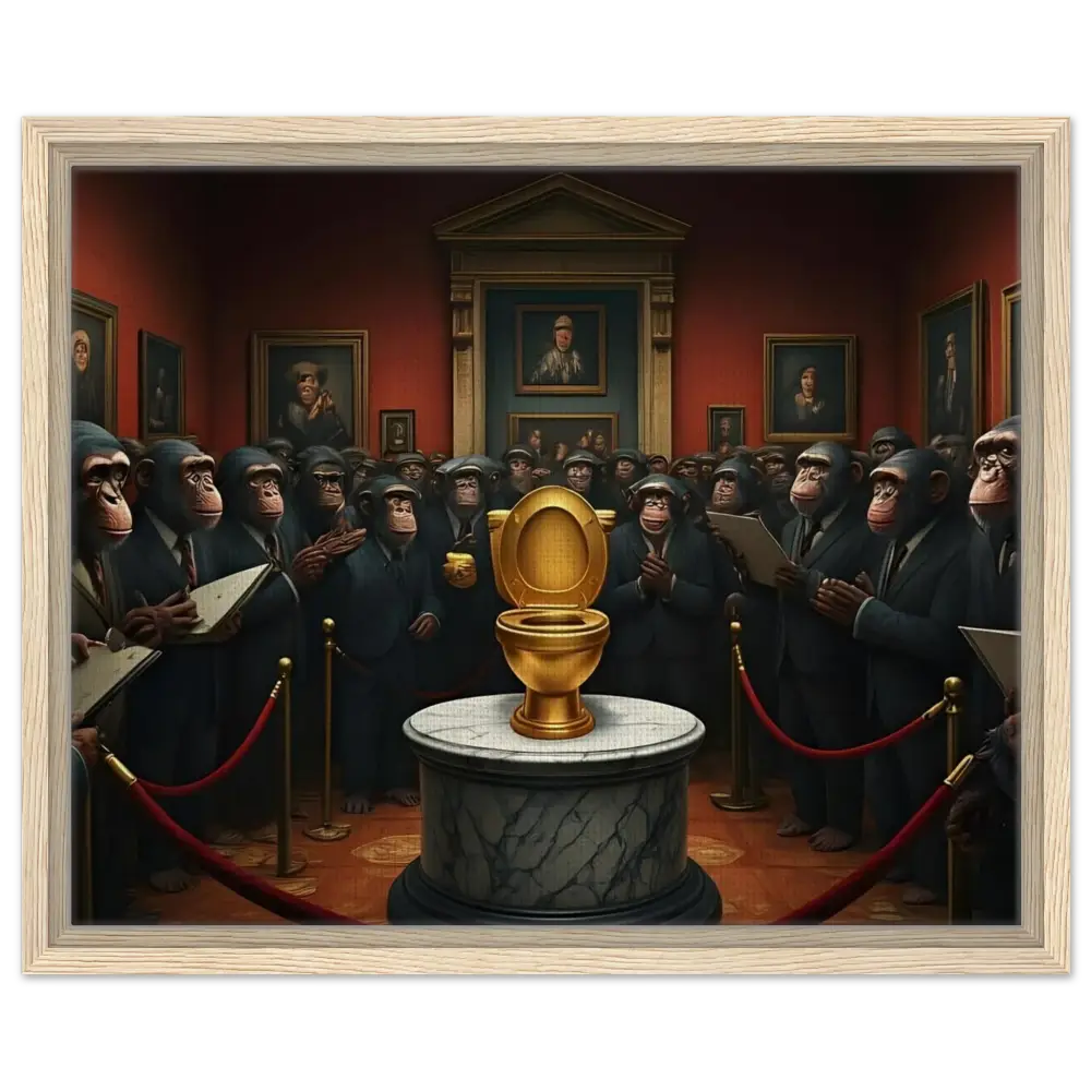 Golden toilet on display in The Golden Throne Framed Canvas PixiOnyx Deluxe Satire Edition