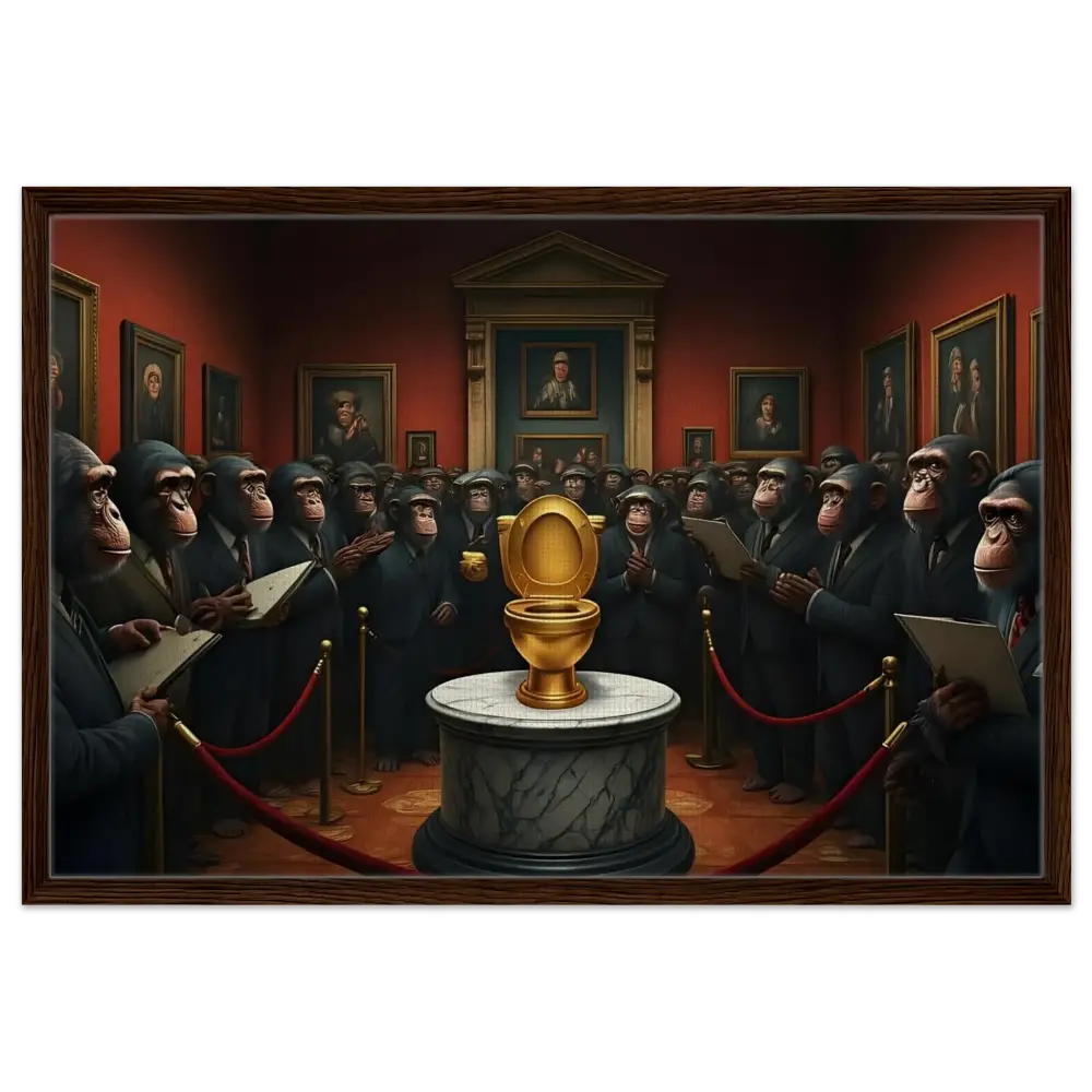 Golden toilet displayed in The Golden Throne Framed Canvas PixiOnyx Deluxe Satire Edition