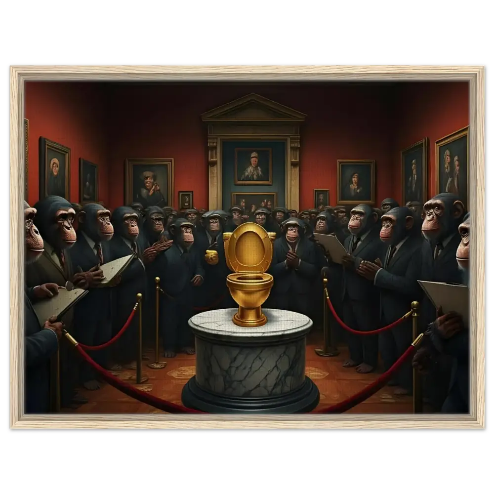 Golden toilet displayed on the Framed Canvas The Golden Throne PixiOnyx Deluxe Satire Edition