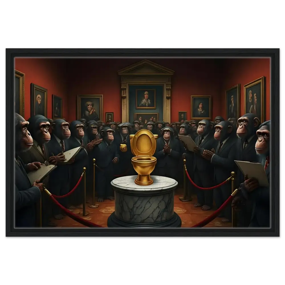 Golden toilet on display in The Golden Throne Framed Canvas PixiOnyx Deluxe Satire Edition