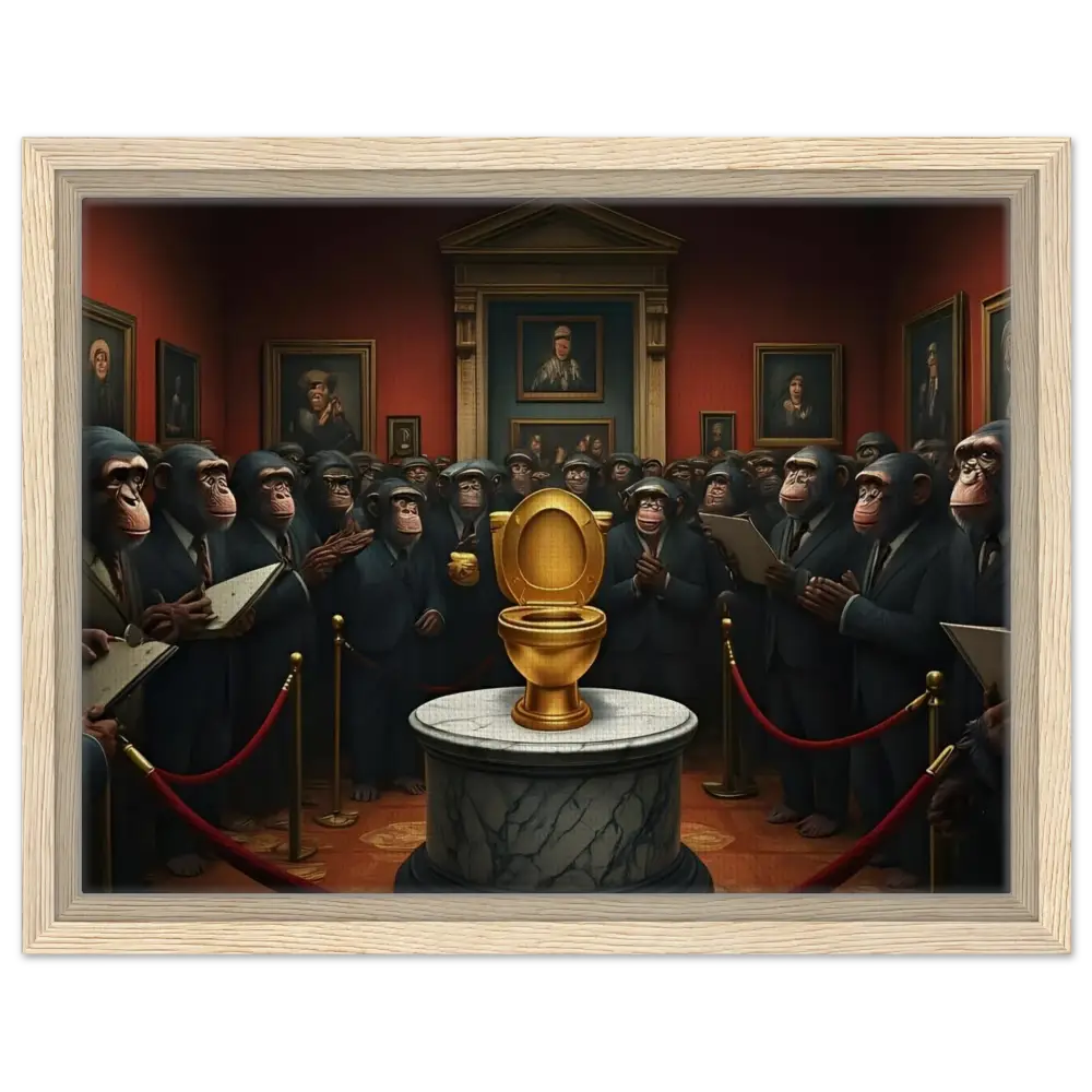 Golden toilet depicted on the Golden Throne Framed Canvas PixiOnyx Deluxe Satire Edition