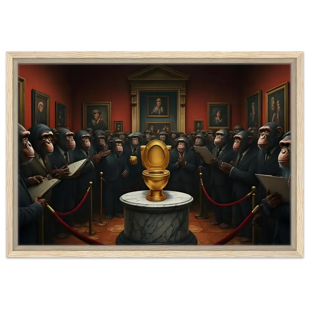 Golden toilet displayed on The Golden Throne Framed Canvas PixiOnyx Deluxe Satire Edition