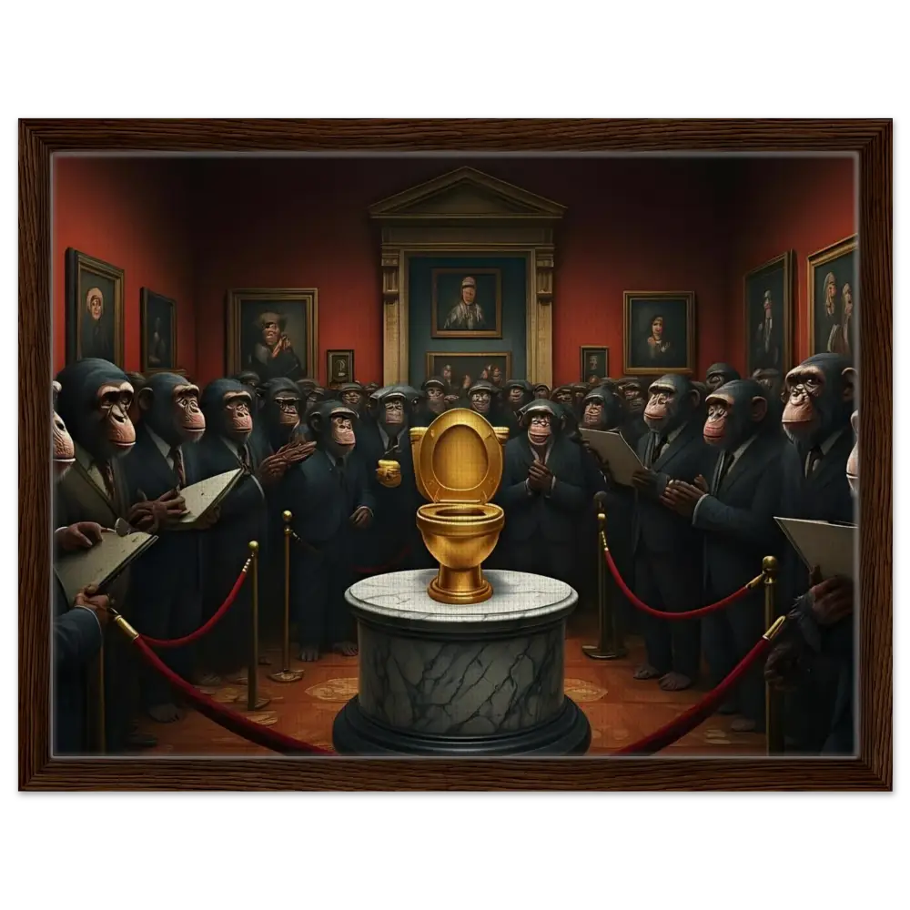 Golden toilet displayed on The Golden Throne Framed Canvas PixiOnyx Deluxe Satire Edition