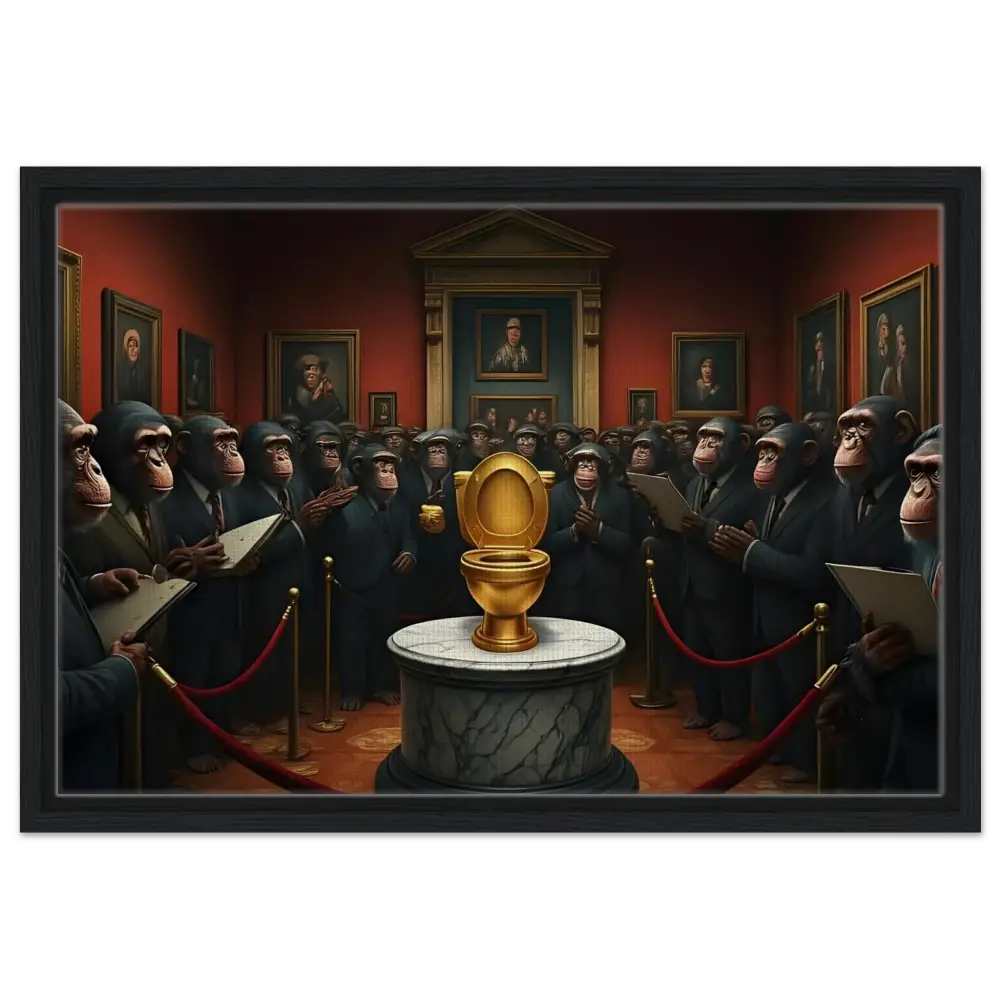 Golden toilet displayed on the Golden Throne Framed Canvas PixiOnyx Deluxe Satire Edition