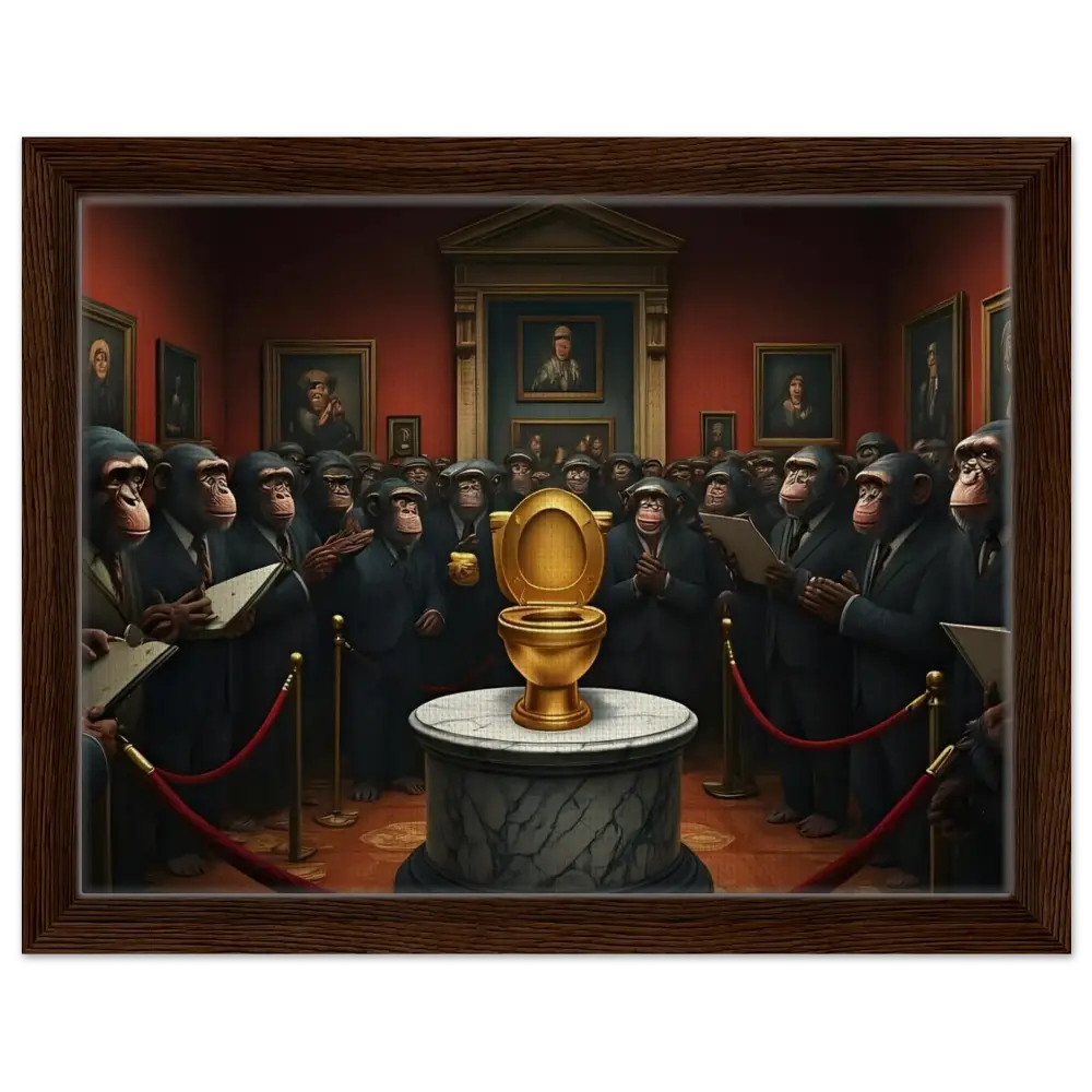 Golden toilet displayed on Framed Canvas The Golden Throne PixiOnyx Deluxe Satire Edition