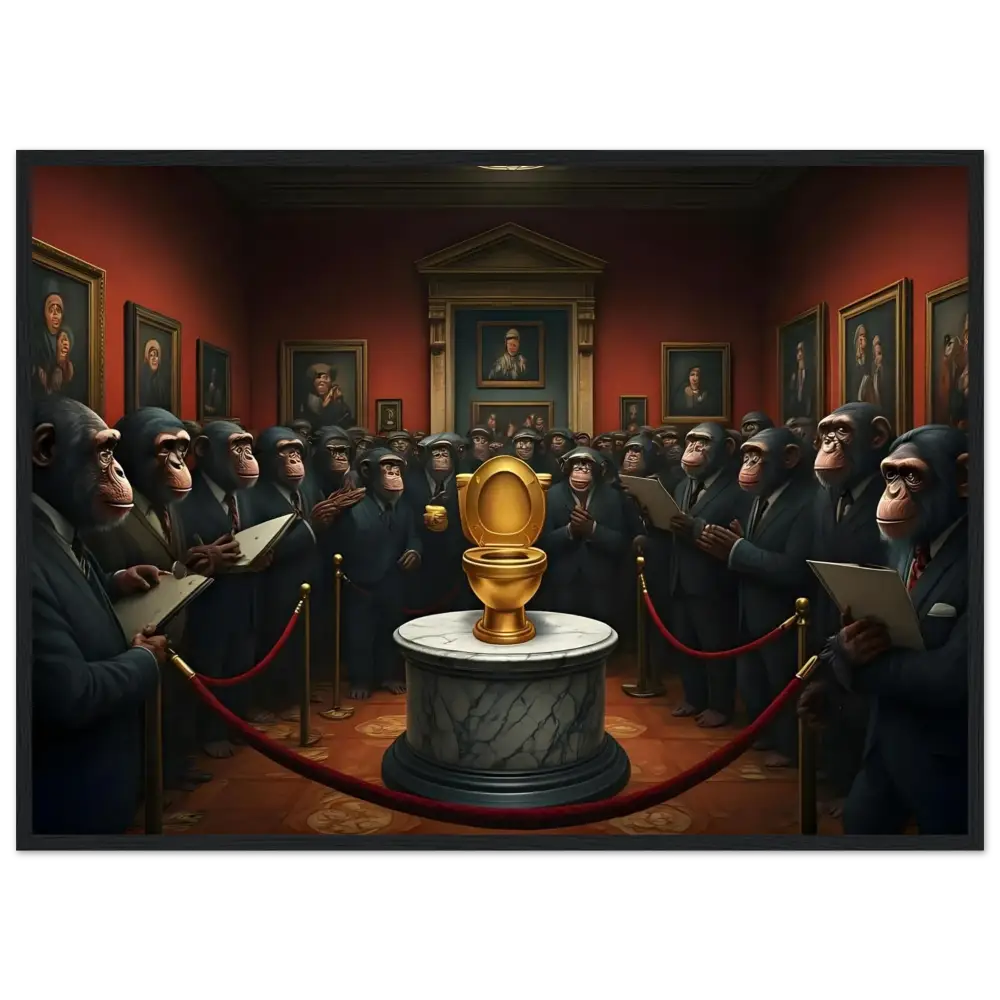 Golden toilet displayed in The Golden Throne Framed Poster by PixiOnyx Satirical Masterpiece Frame