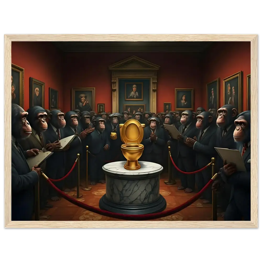 Golden toilet displayed in The Golden Throne satirical framed poster by PixiOnyx