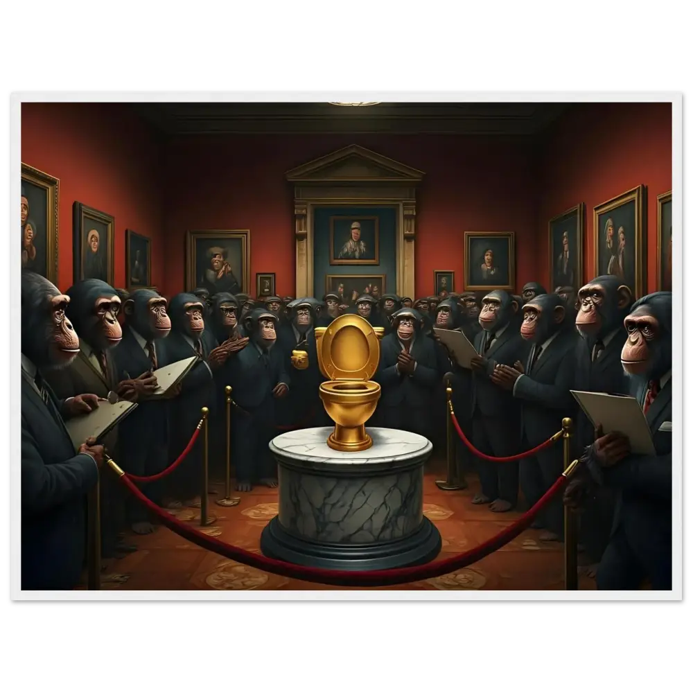 Golden toilet on display in PixiOnyx The Golden Throne satirical framed poster