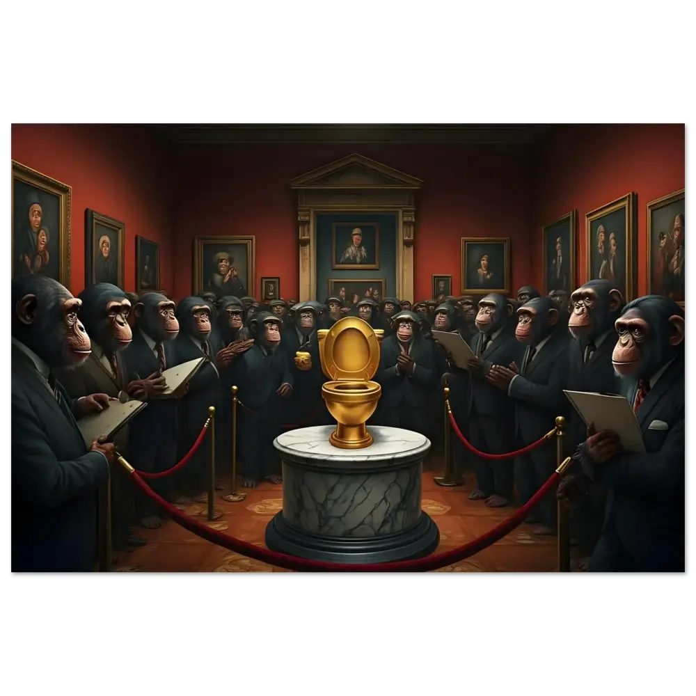 Golden toilet displayed in The Golden Throne Framed Poster by PixiOnyx Satirical Masterpiece