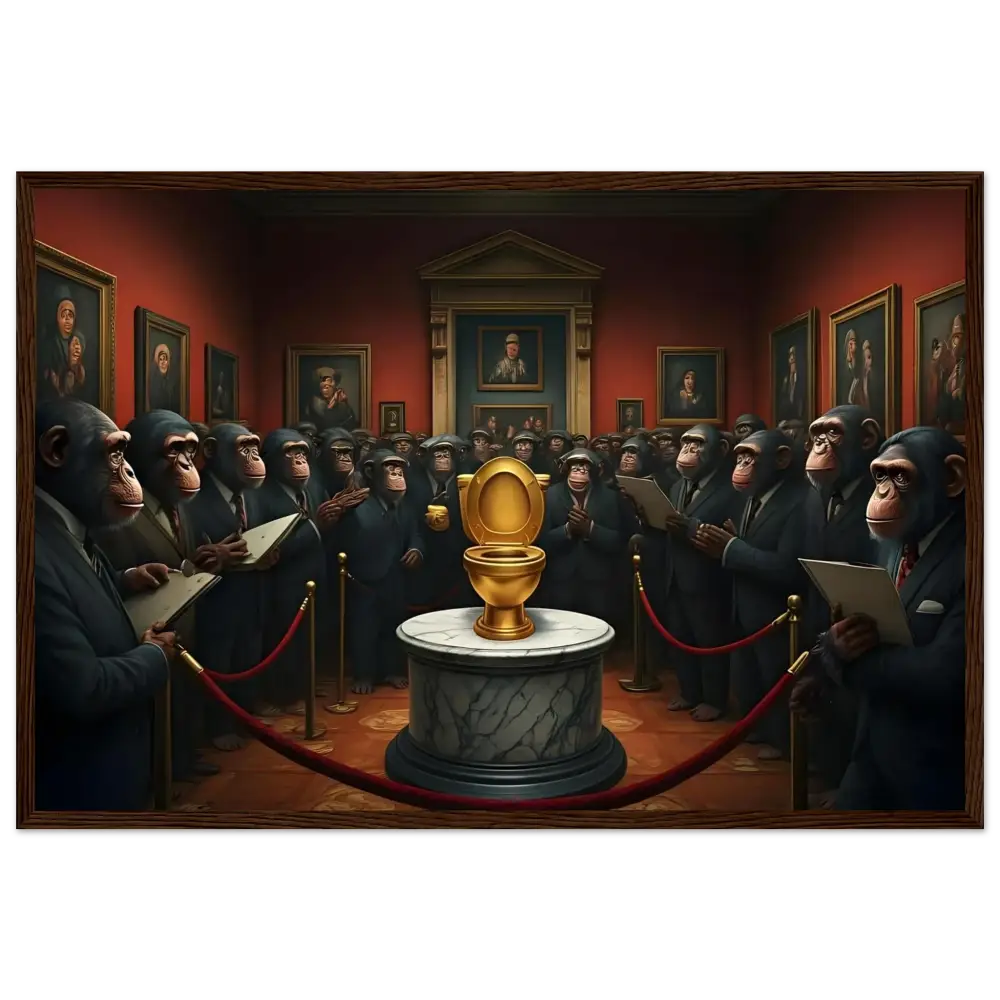 Golden toilet displayed in The Golden Throne satirical framed poster by PixiOnyx