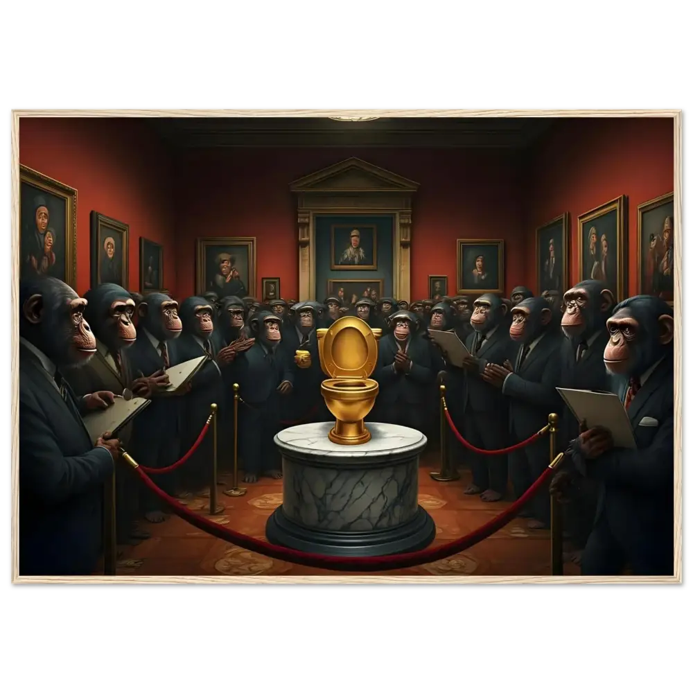 Golden toilet displayed in The Golden Throne Framed Poster by PixiOnyx Satirical Masterpiece Frame