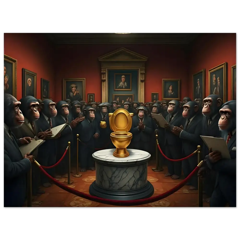 Golden toilet displayed in The Golden Throne Framed Poster PixiOnyx Satirical Masterpiece Frame