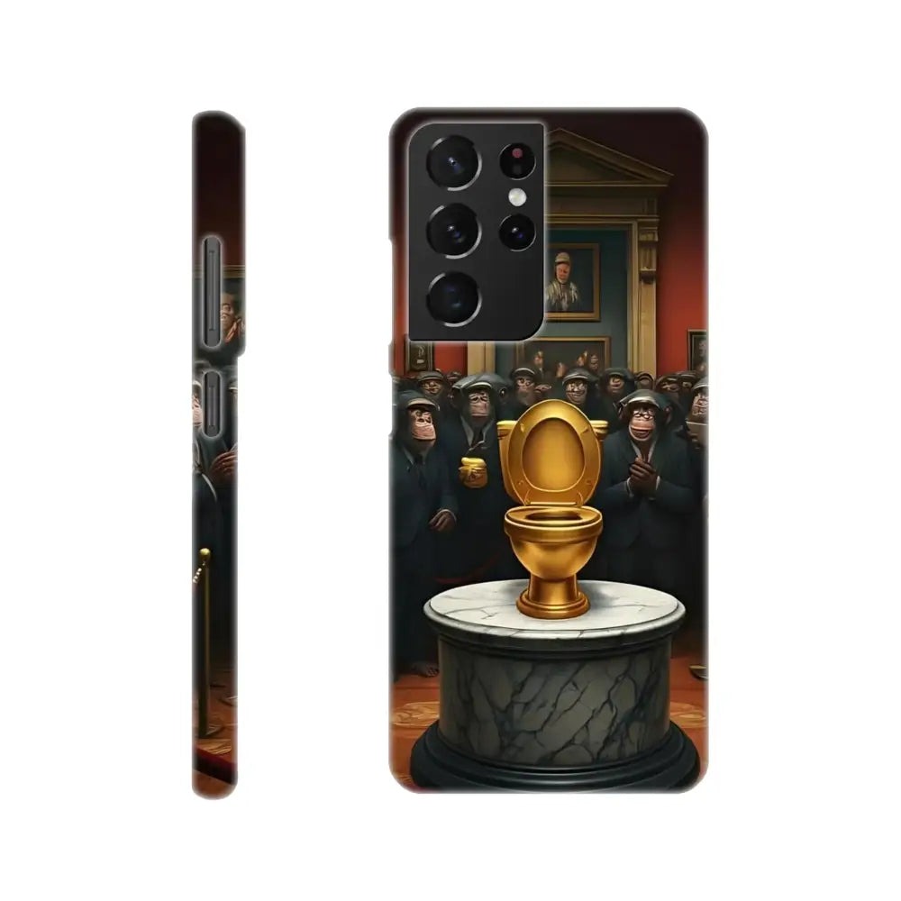 Samsung phone case featuring golden toilet art design from PixiOnyx Satirical Meme Shell