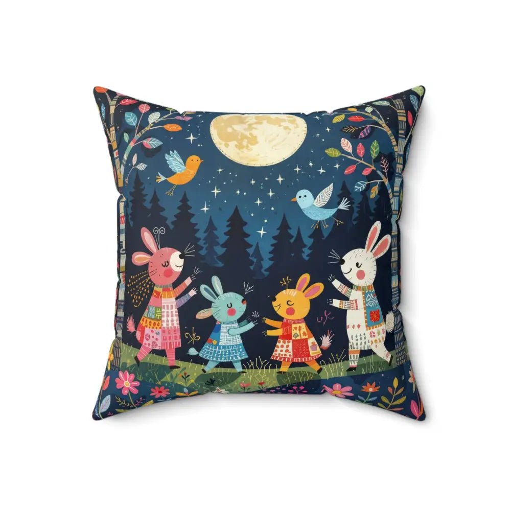 Whimsical dark blue throw pillow featuring forest creature dance design by Honson Ventures Limited
