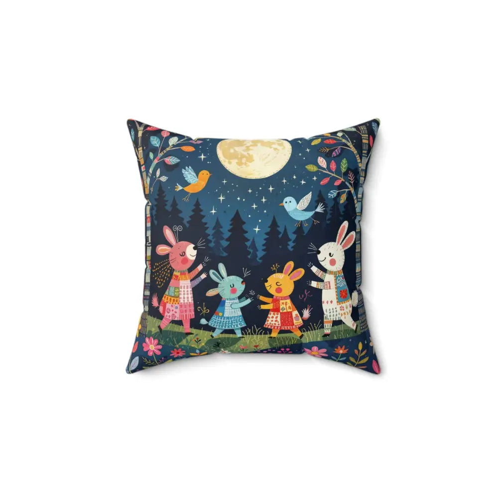 Decorative throw pillow Forest Creature Dance with bunnies and birds under full moon