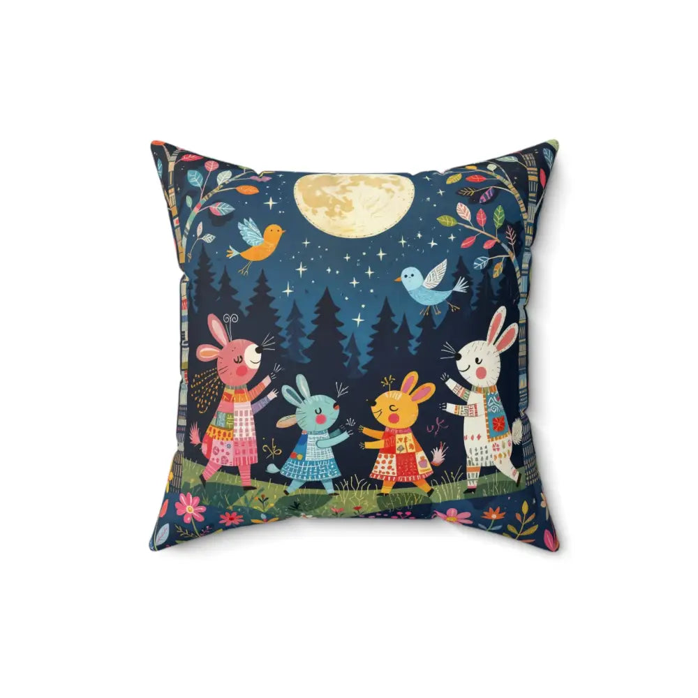 Decorative throw pillow featuring forest creature dance scene with rabbits and birds at night