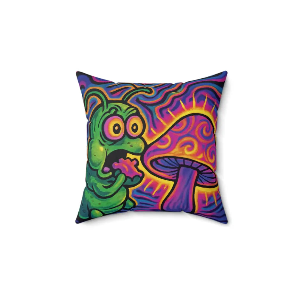 Psychedelic caterpillar and mushroom pillow for trendy psychedelic decor by PixiOnyx