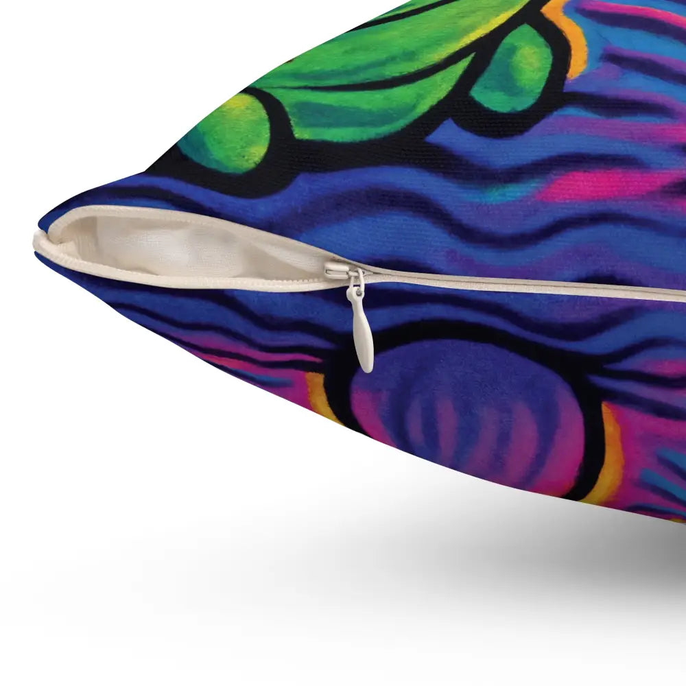 Colorful decorative throw pillow with zipper featuring Shroomapillar Snack Attack design