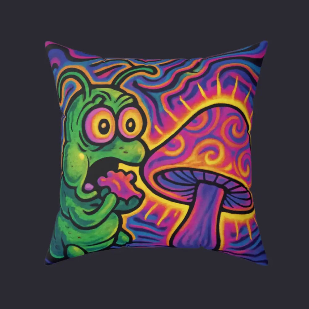 Psychedelic caterpillar and mushroom pillow for vibrant psychedelic decor at PixiOnyx