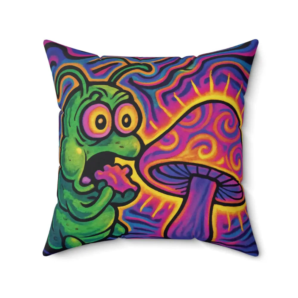 Psychedelic caterpillar and mushroom pillow in vibrant colors for psychedelic decor