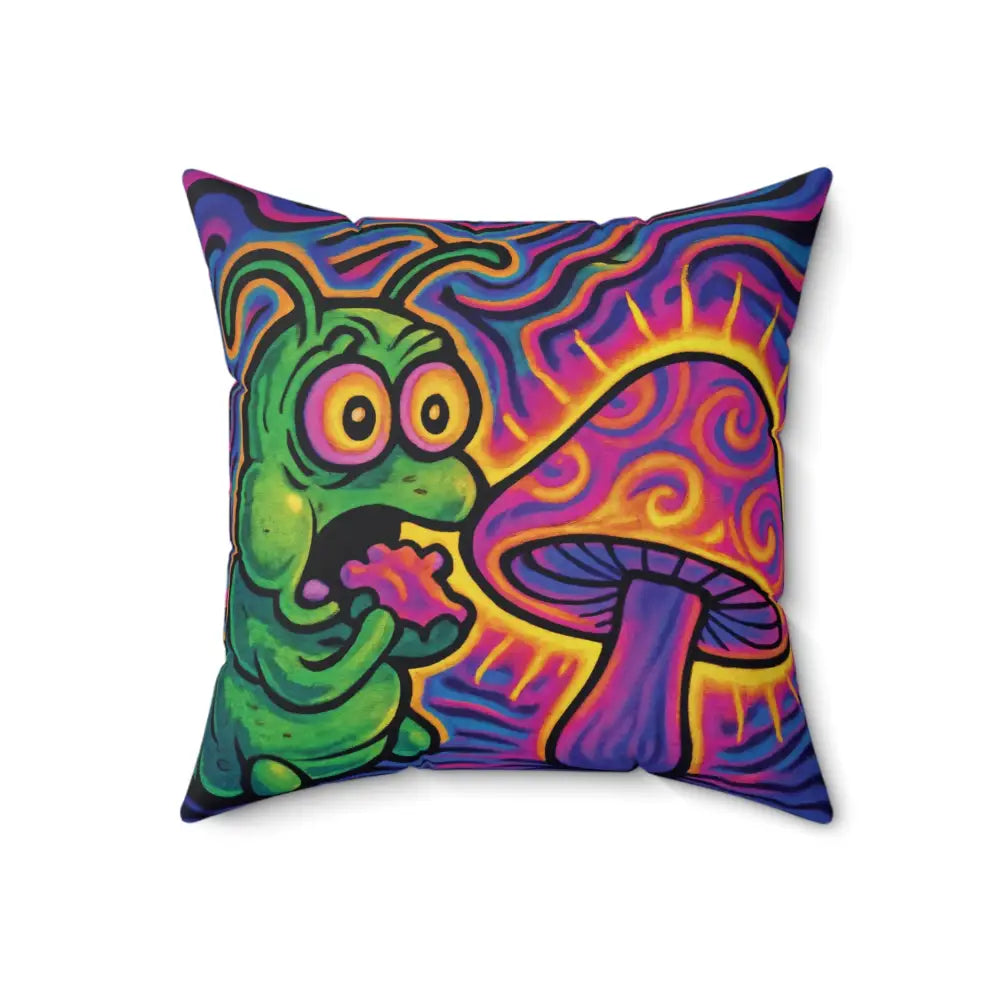 Psychedelic caterpillar and mushroom pillow from PixiOnyx Psychedelic Decor Throw Pillow Shroomapillar Snack Attack