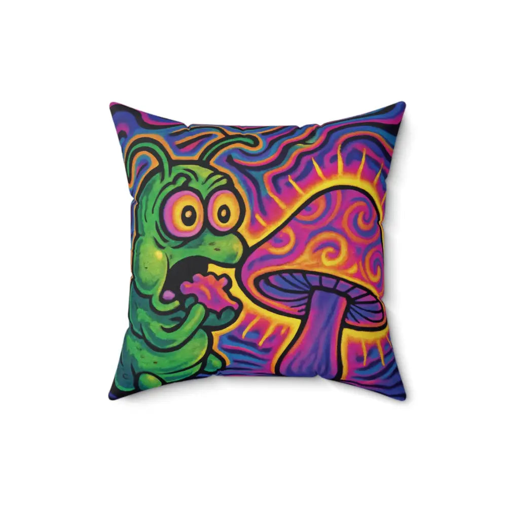 Psychedelic caterpillar and mushroom pillow from PixiOnyx Shroomapillar Snack Attack decor