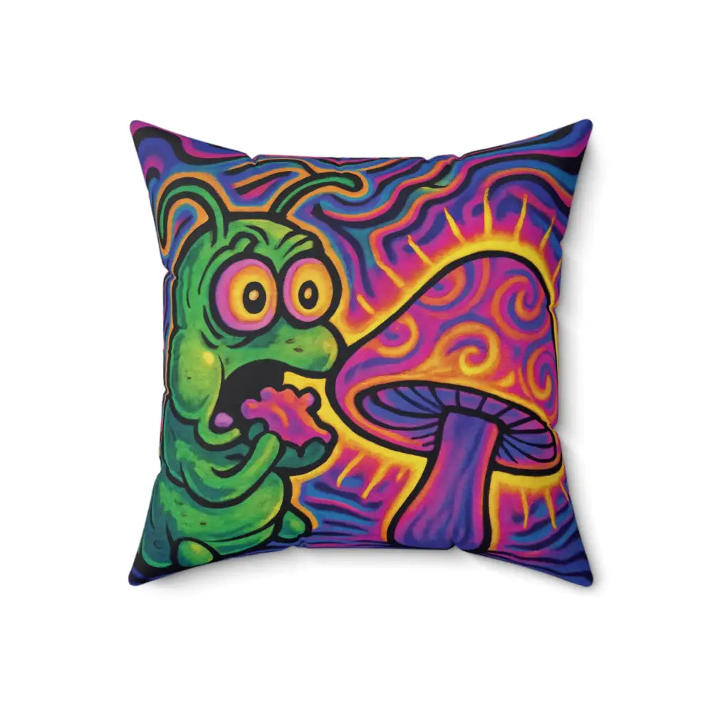 Colorful psychedelic cartoon pillow featuring a Shroomapillar Snack Attack design
