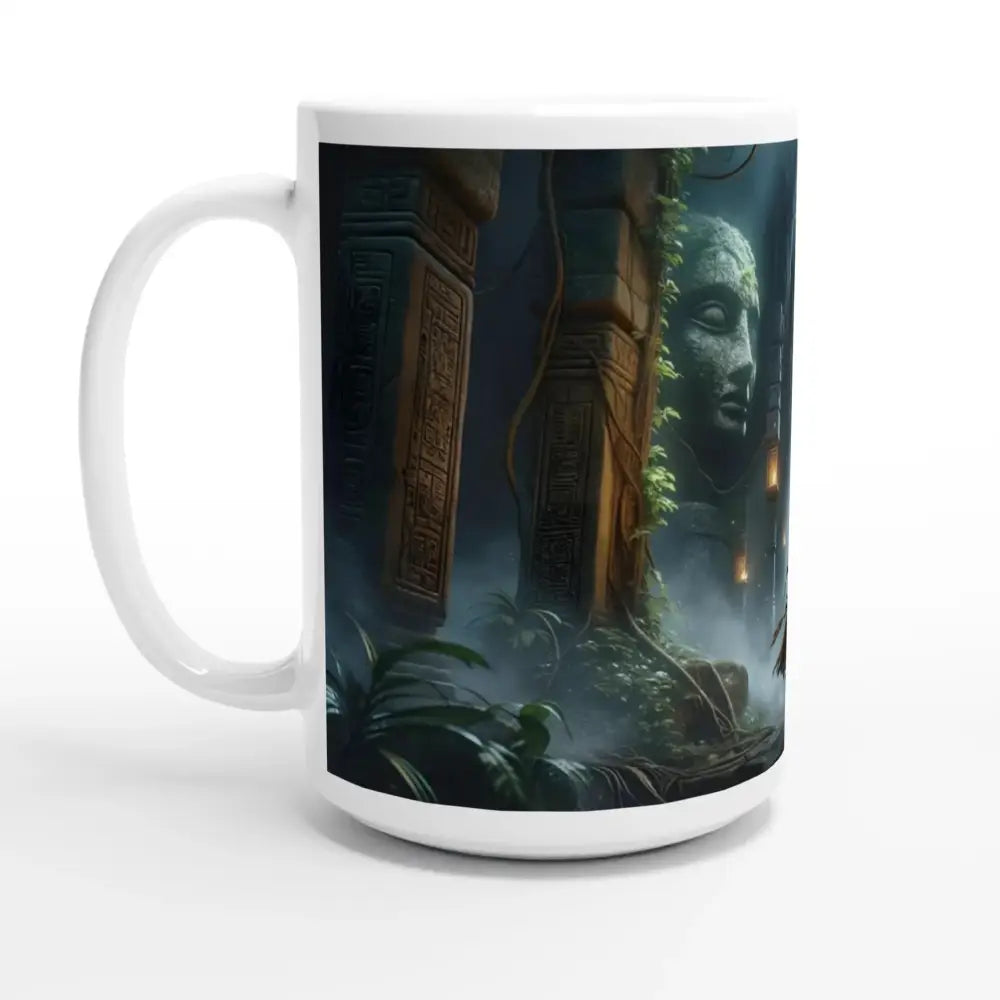 White ceramic mug with jungle temple design from Torchbearer 15oz Mug Jungle Glyph Fantasy Art