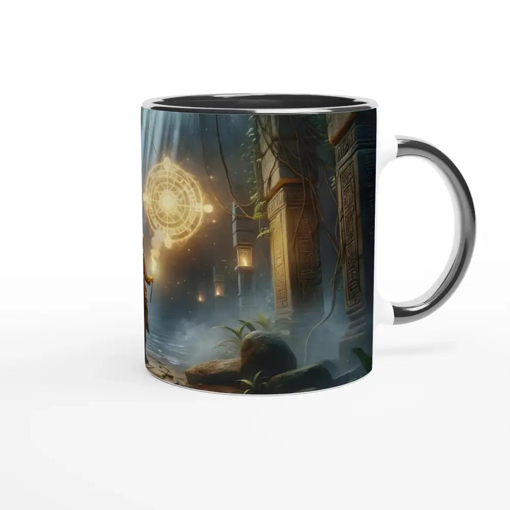 Torchbearer Mug featuring a fantasy temple scene with Sacred Glyphs Explorer Print