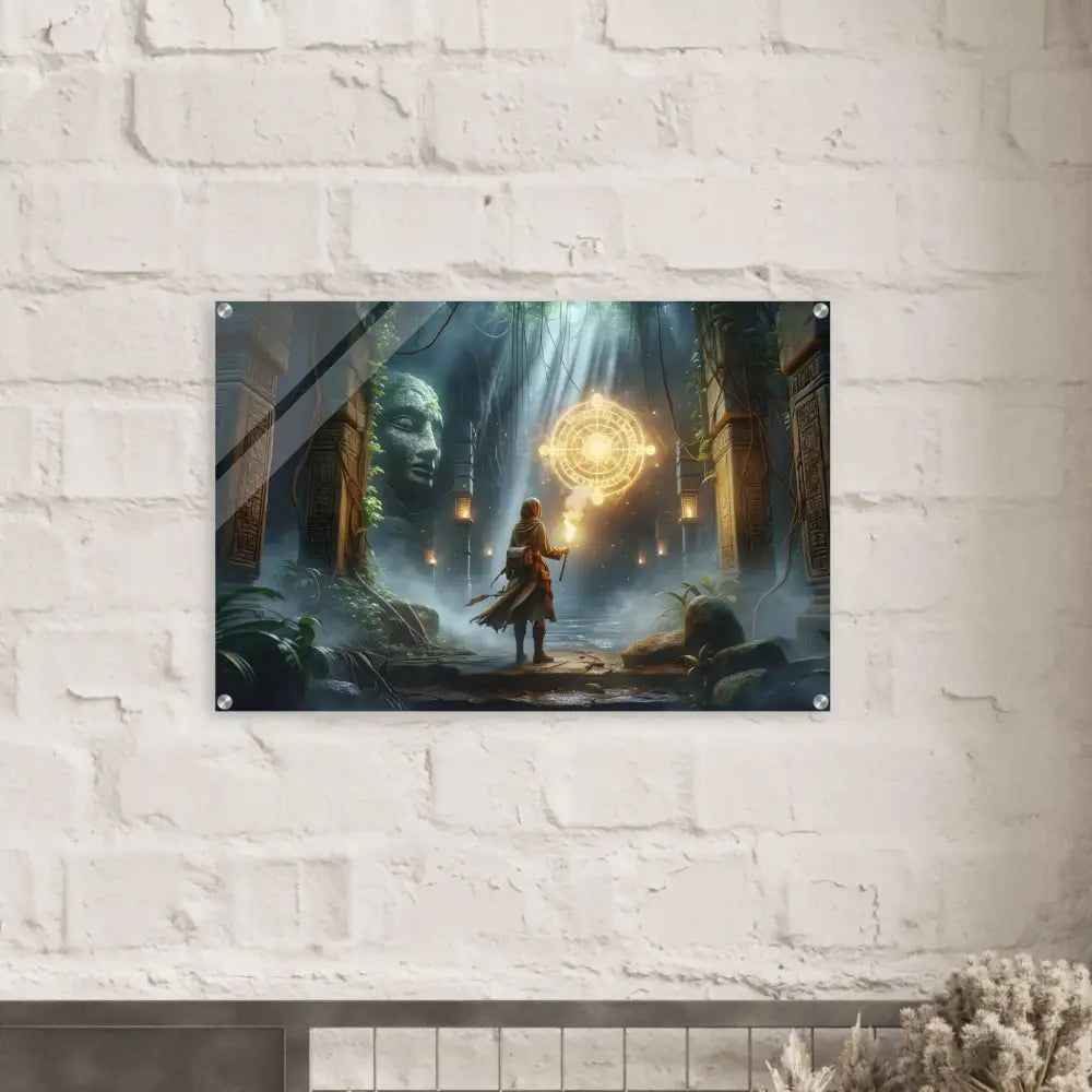 Fantasy art print of Torchbearer of the Forgotten Glyphs acrylic wall art displayed on PixiOnyx wall
