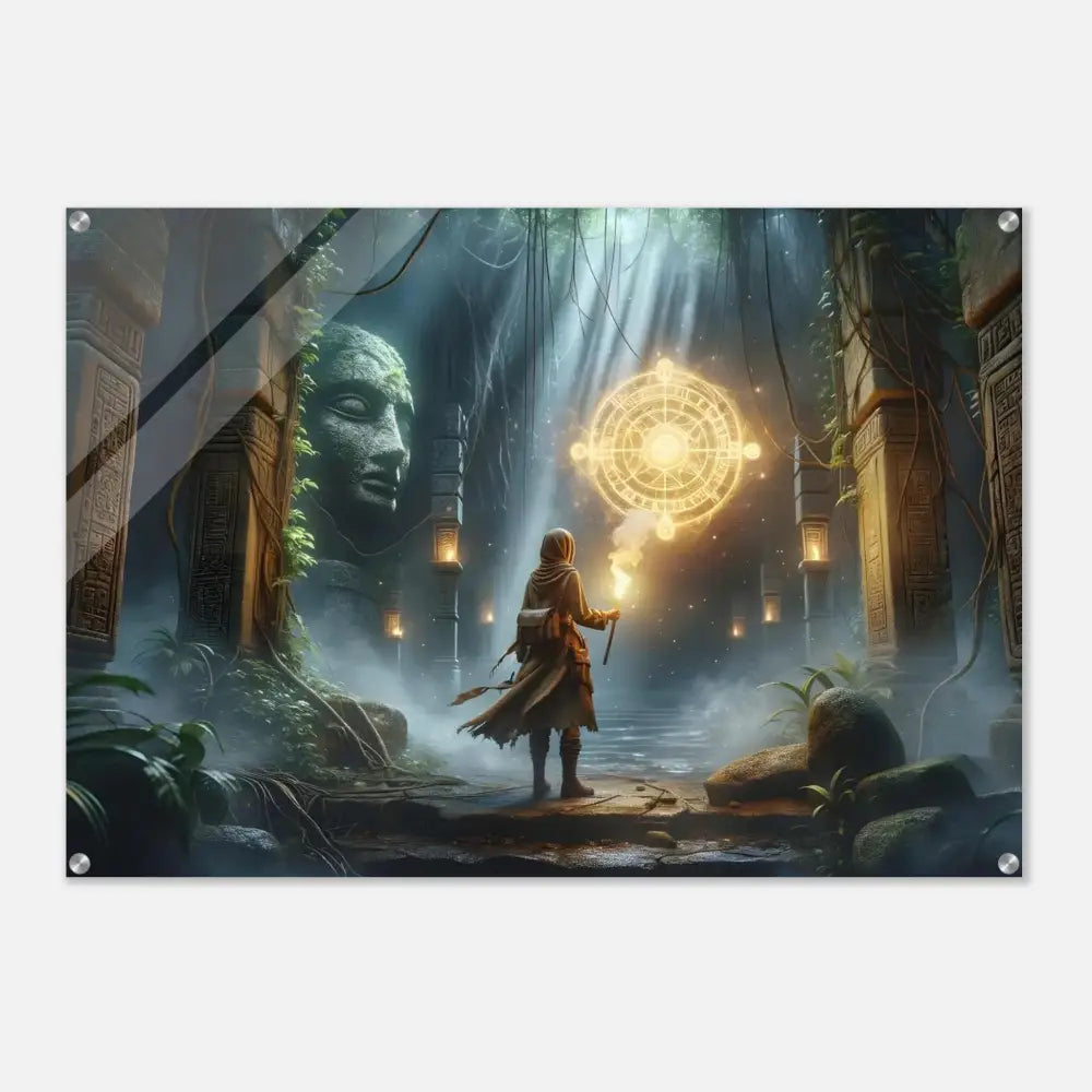 Fantasy temple acrylic print depicted in Torchbearer of the Forgotten Glyphs wall art