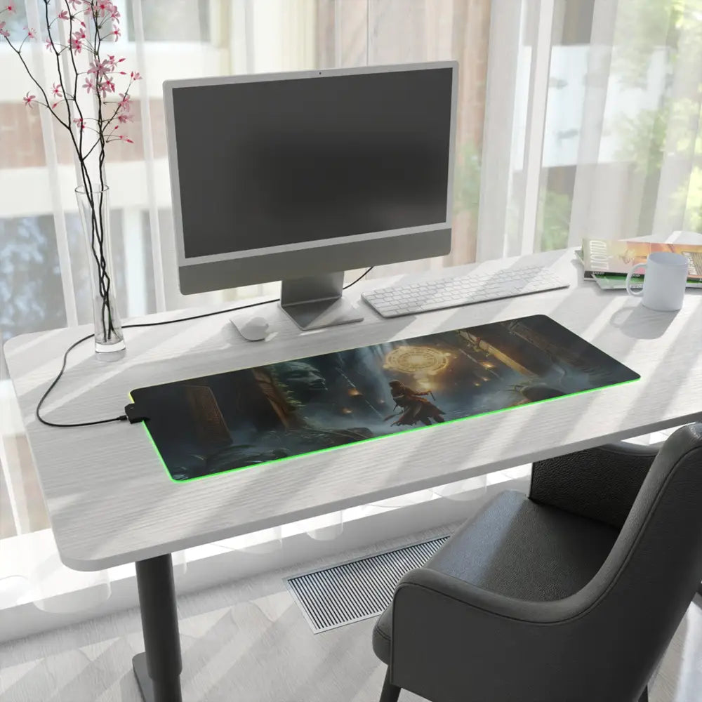Illuminated gaming mousepad with RGB LED lighting from Torchbearer of the Forgotten Glyphs at PixiOnyx Lorelit setup