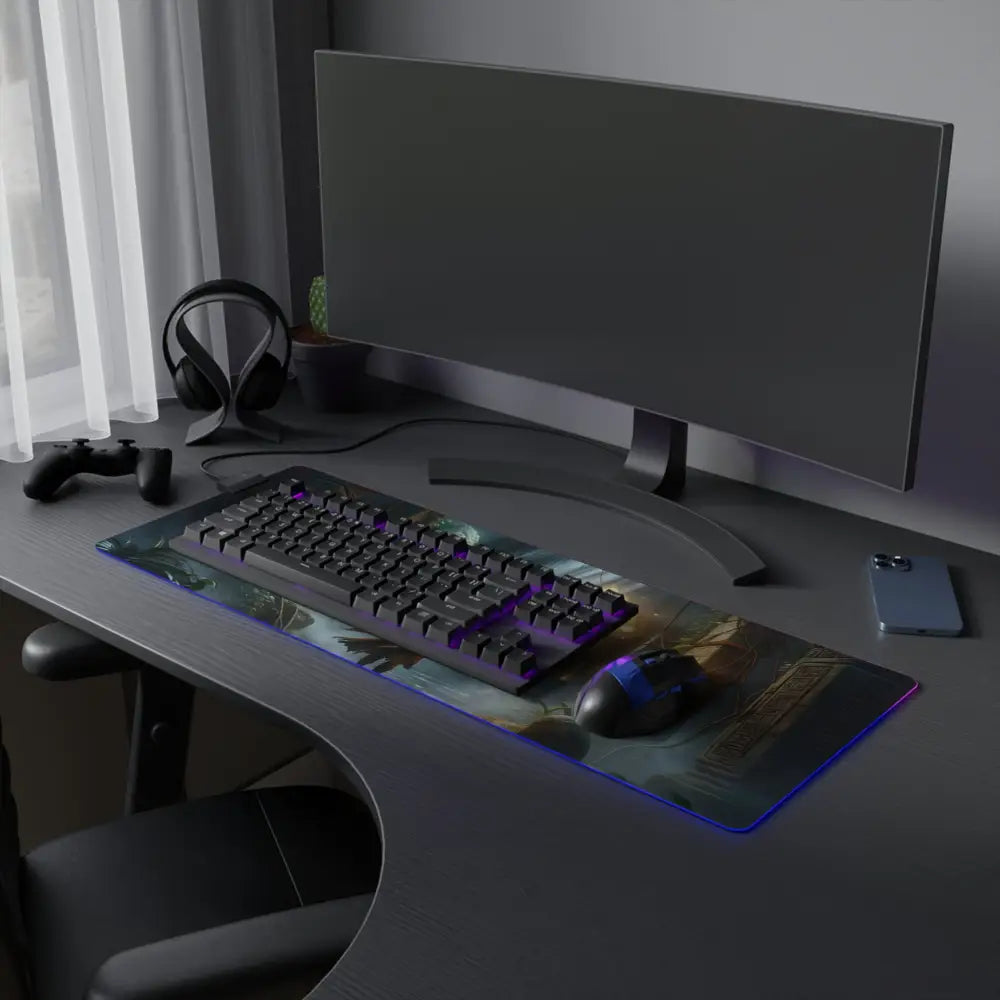 Gaming setup with monitor, keyboard, mouse, and accessories on Torchbearer of the Forgotten Glyphs RGB LED Gaming Mouse Pad